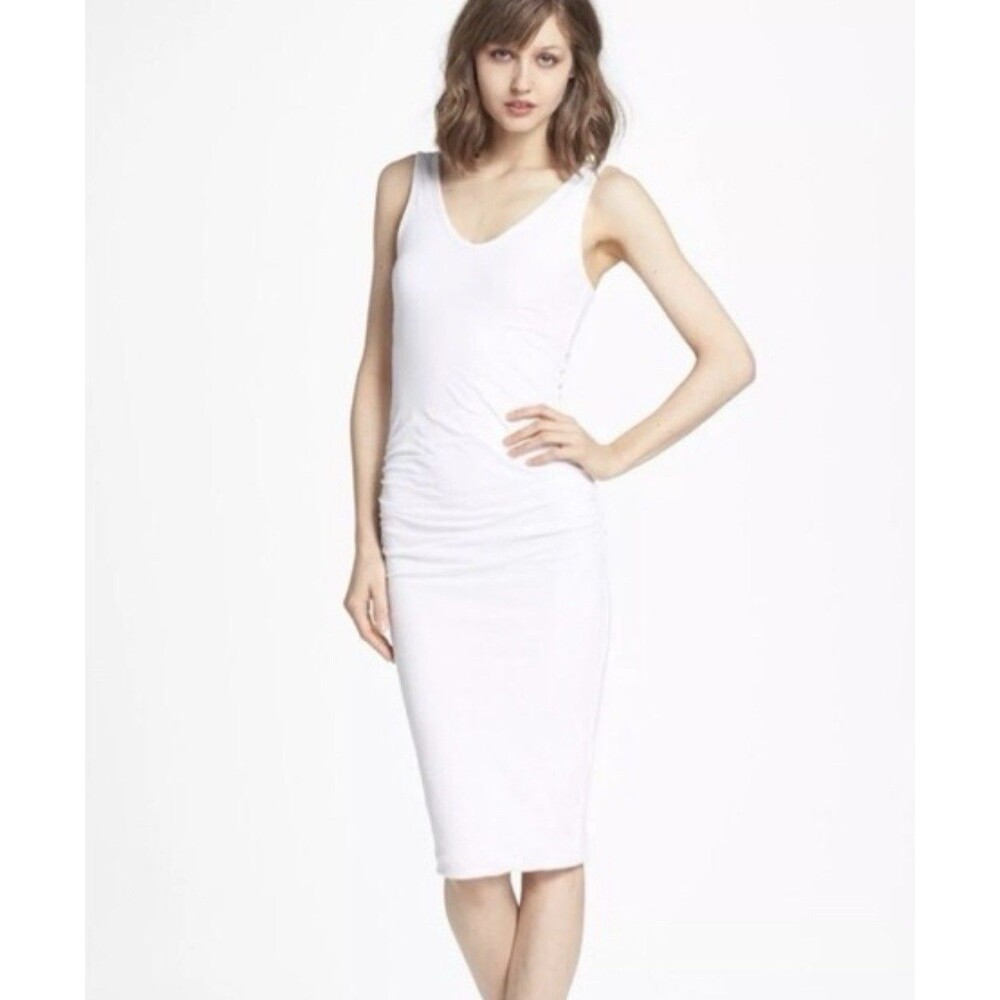 James Perse Ruched Tank Midi Dress Cotton Bodycon White Size 3β Large Minimalist